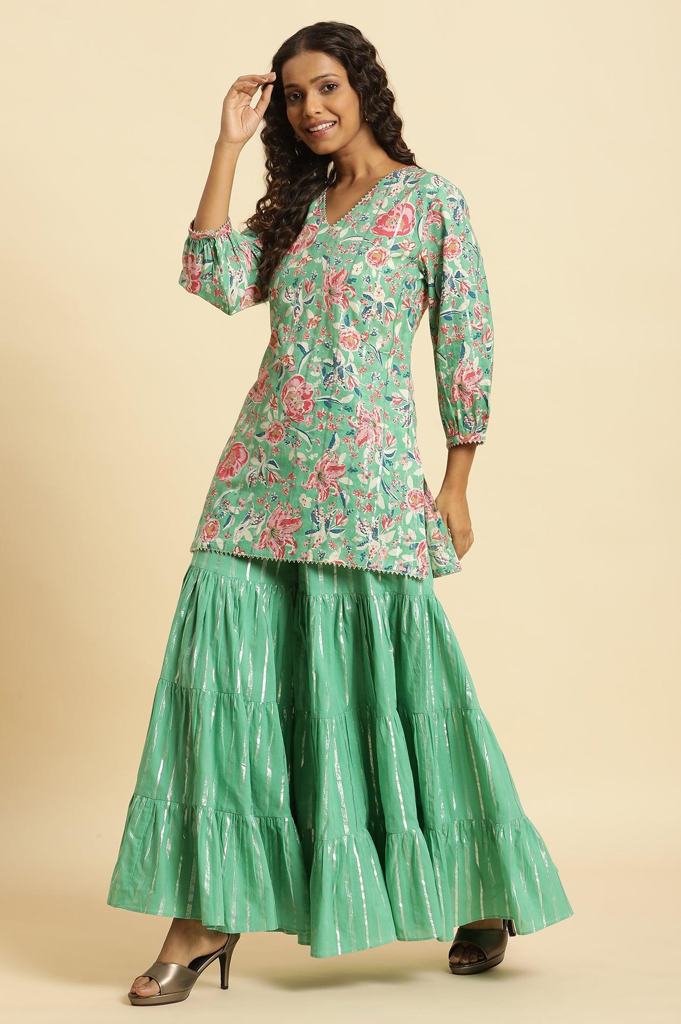 W for Woman Mint Green Printed Short Kurta, Tiered Sharara and Dupatta Set