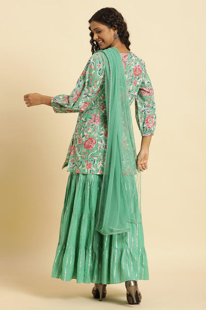 W for Woman Mint Green Printed Short Kurta, Tiered Sharara and Dupatta Set