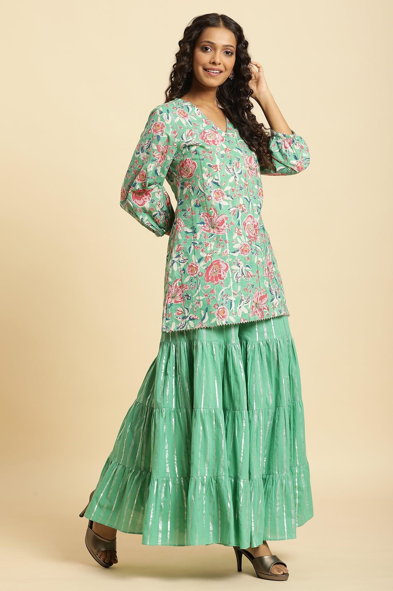 W for Woman Mint Green Printed Short Kurta, Tiered Sharara and Dupatta Set