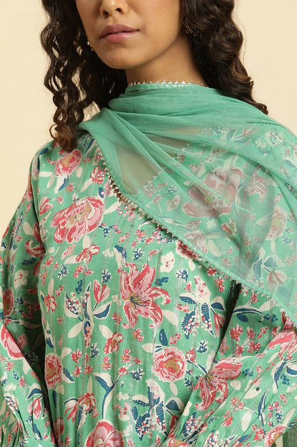 W for Woman Mint Green Printed Short Kurta, Tiered Sharara and Dupatta Set