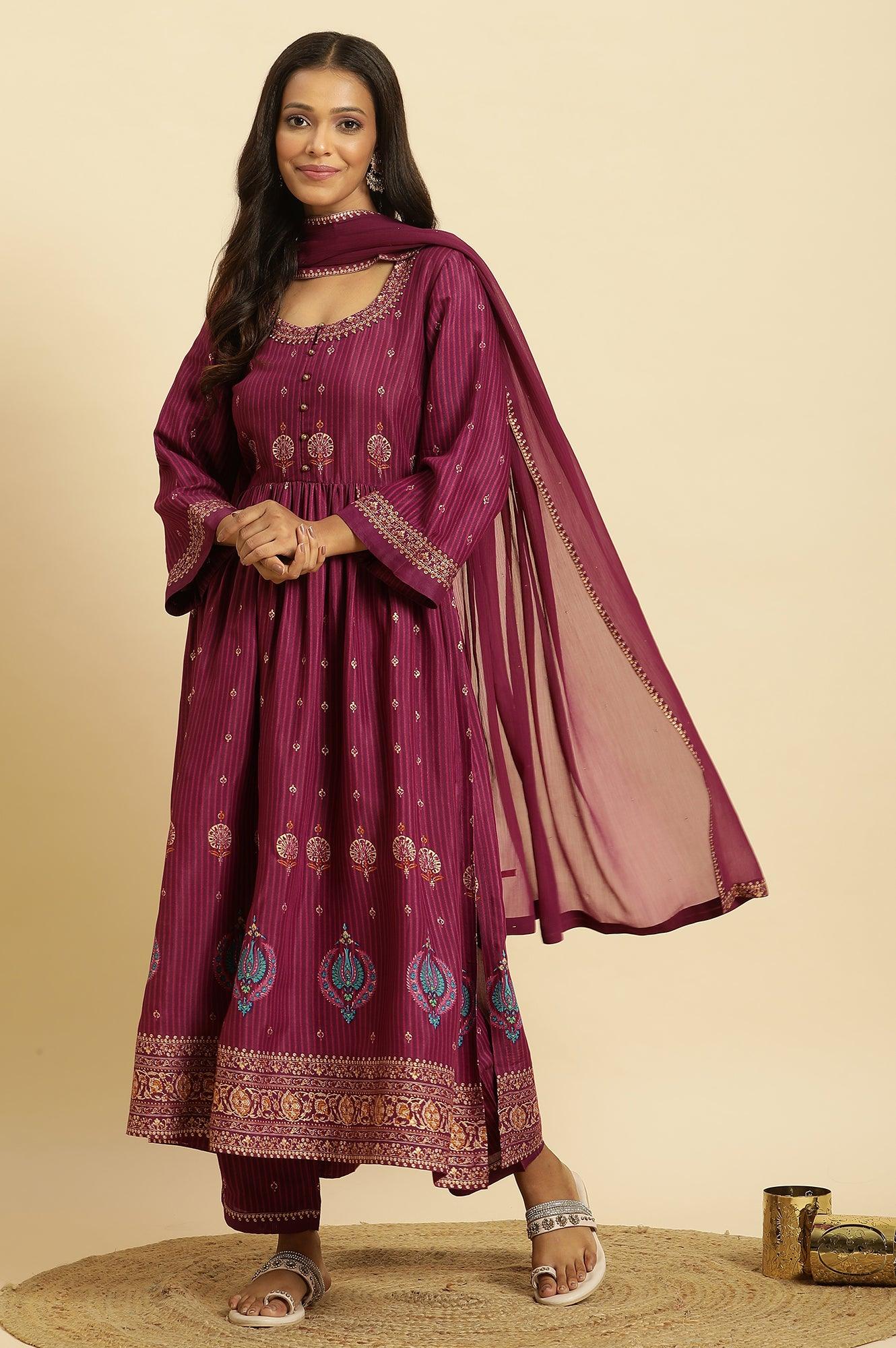 W for Woman Purple Embellished Kurta, Pants And Dupatta Set