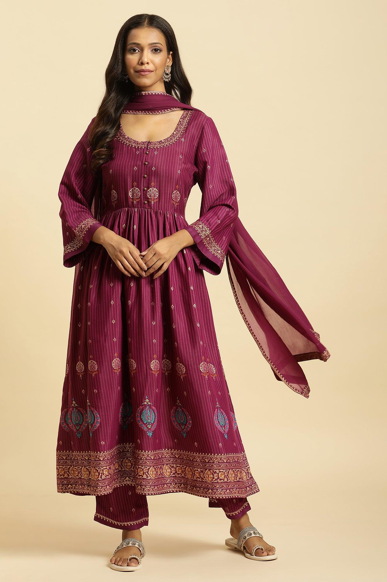 W for Woman Purple Embellished Kurta, Pants And Dupatta Set