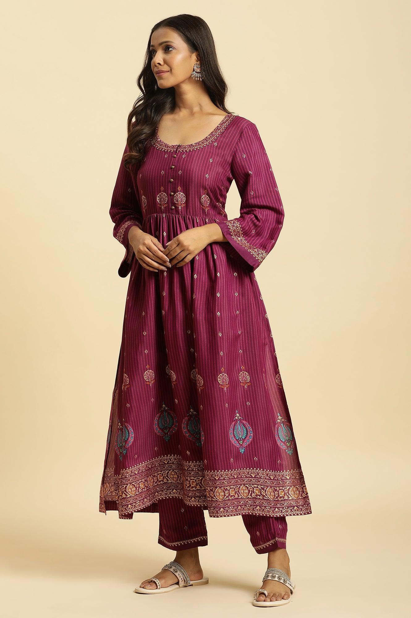 W for Woman Purple Embellished Kurta, Pants And Dupatta Set