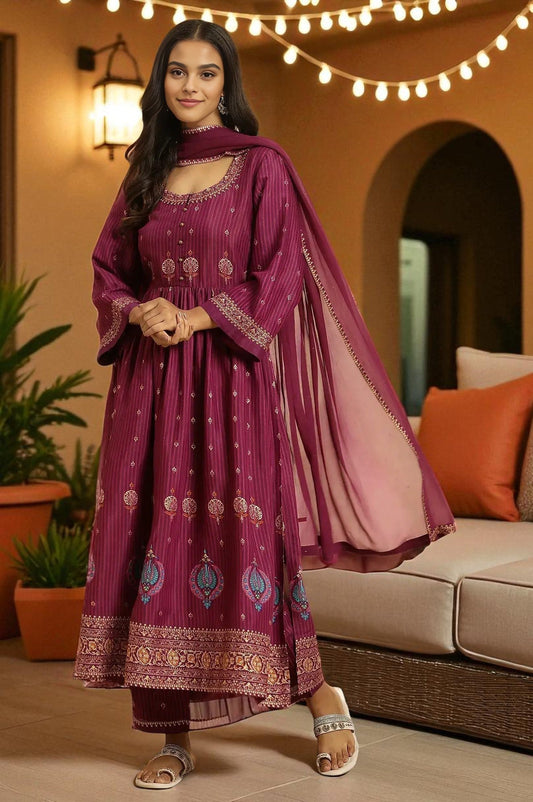 W for Woman Purple Embellished Kurta, Pants And Dupatta Set