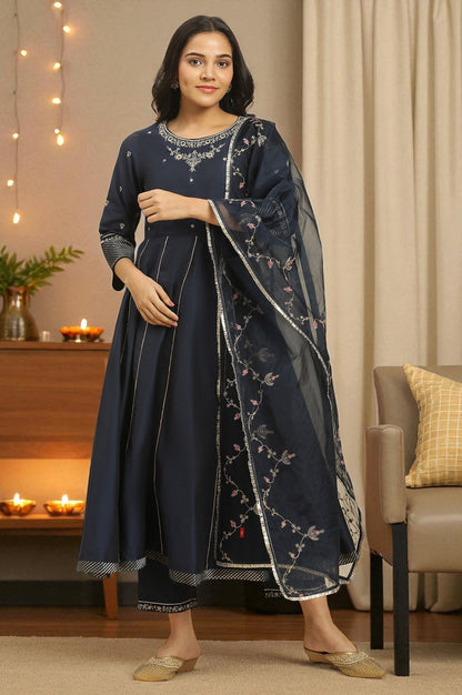 W for Woman Dark Blue Zari Embroidered Festive Kurta, Pants and Dupatta Set