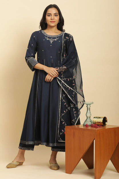 W for Woman Dark Blue Zari Embroidered Festive Kurta, Pants and Dupatta Set