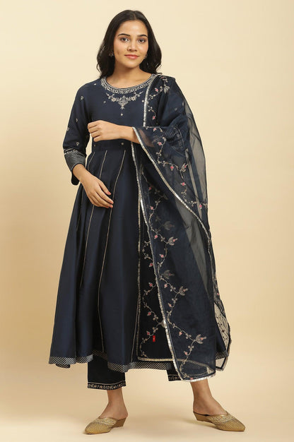W for Woman Dark Blue Zari Embroidered Festive Kurta, Pants and Dupatta Set