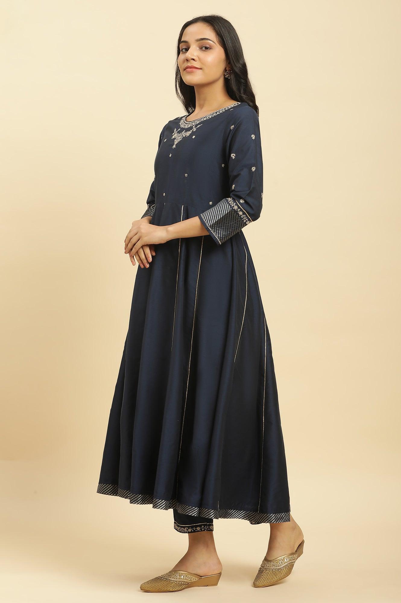 W for Woman Dark Blue Zari Embroidered Festive Kurta, Pants and Dupatta Set