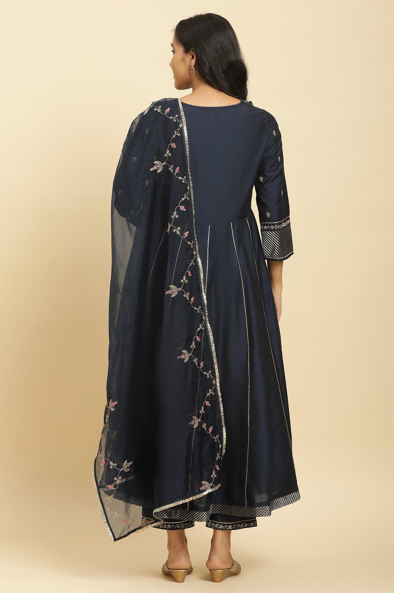 W for Woman Dark Blue Zari Embroidered Festive Kurta, Pants and Dupatta Set