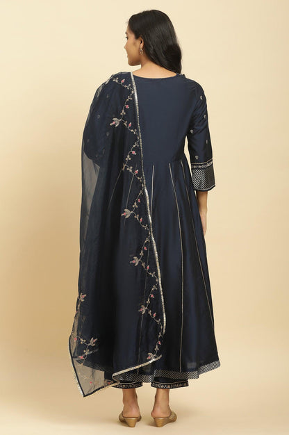 W for Woman Dark Blue Zari Embroidered Festive Kurta, Pants and Dupatta Set