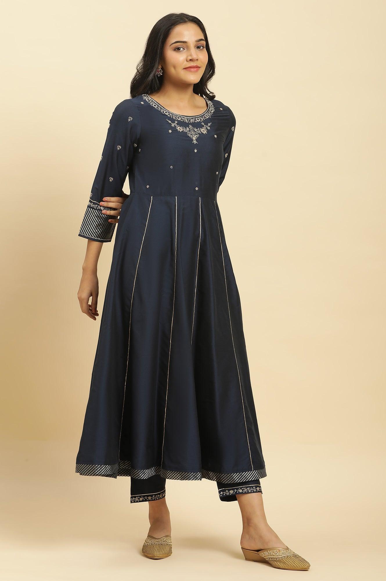 W for Woman Dark Blue Zari Embroidered Festive Kurta, Pants and Dupatta Set