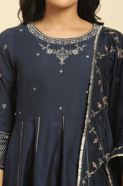 W for Woman Dark Blue Zari Embroidered Festive Kurta, Pants and Dupatta Set