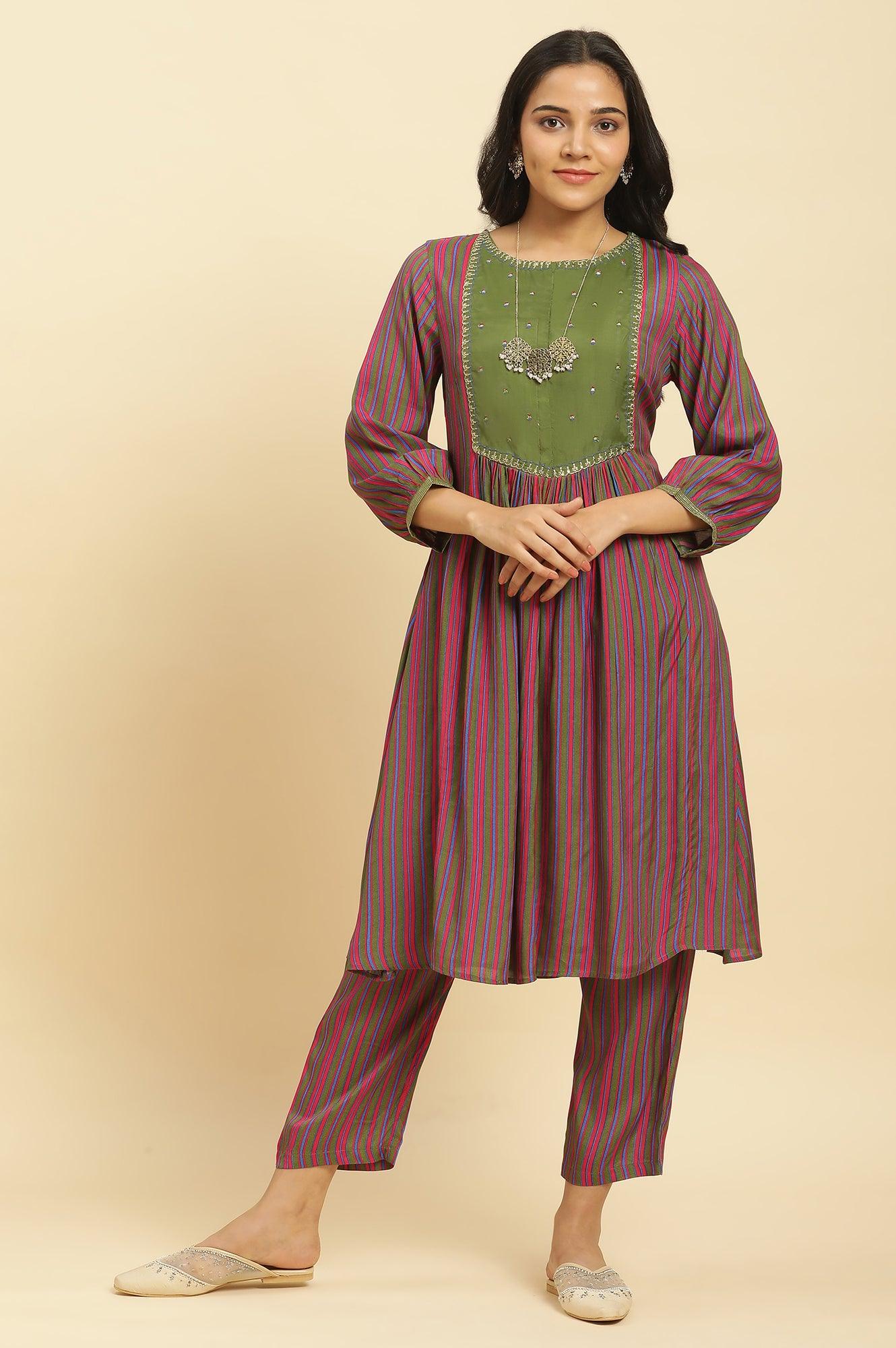 W for Woman Multicoloured Stripe Printed And Green Embellished Yoke Kurta And Pants Set