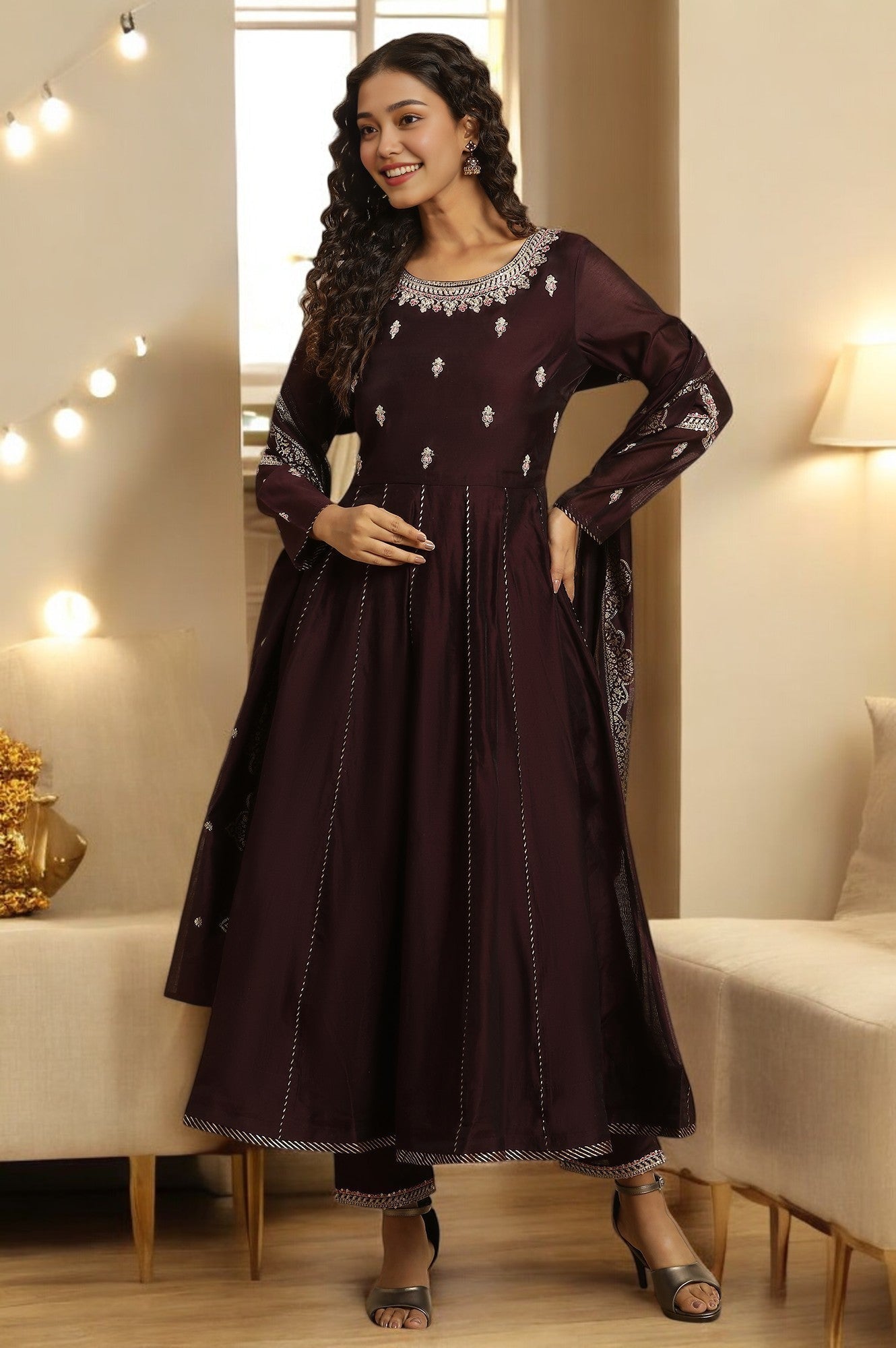 W for Woman Purple Flared Embroidered Kurta, Pants And Dupatta Set