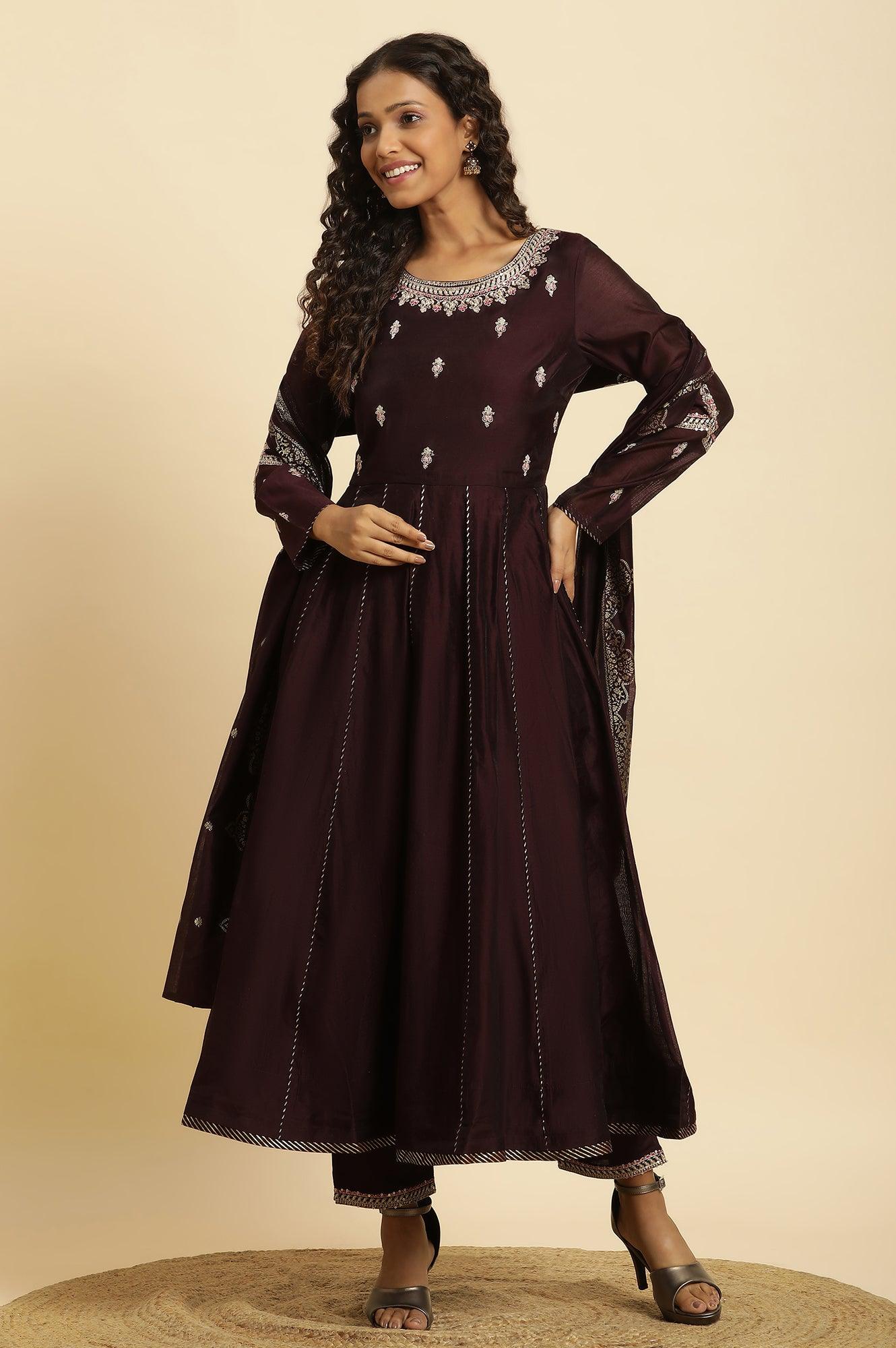 W for Woman Purple Flared Embroidered Kurta, Pants And Dupatta Set