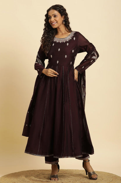 W for Woman Purple Flared Embroidered Kurta, Pants And Dupatta Set