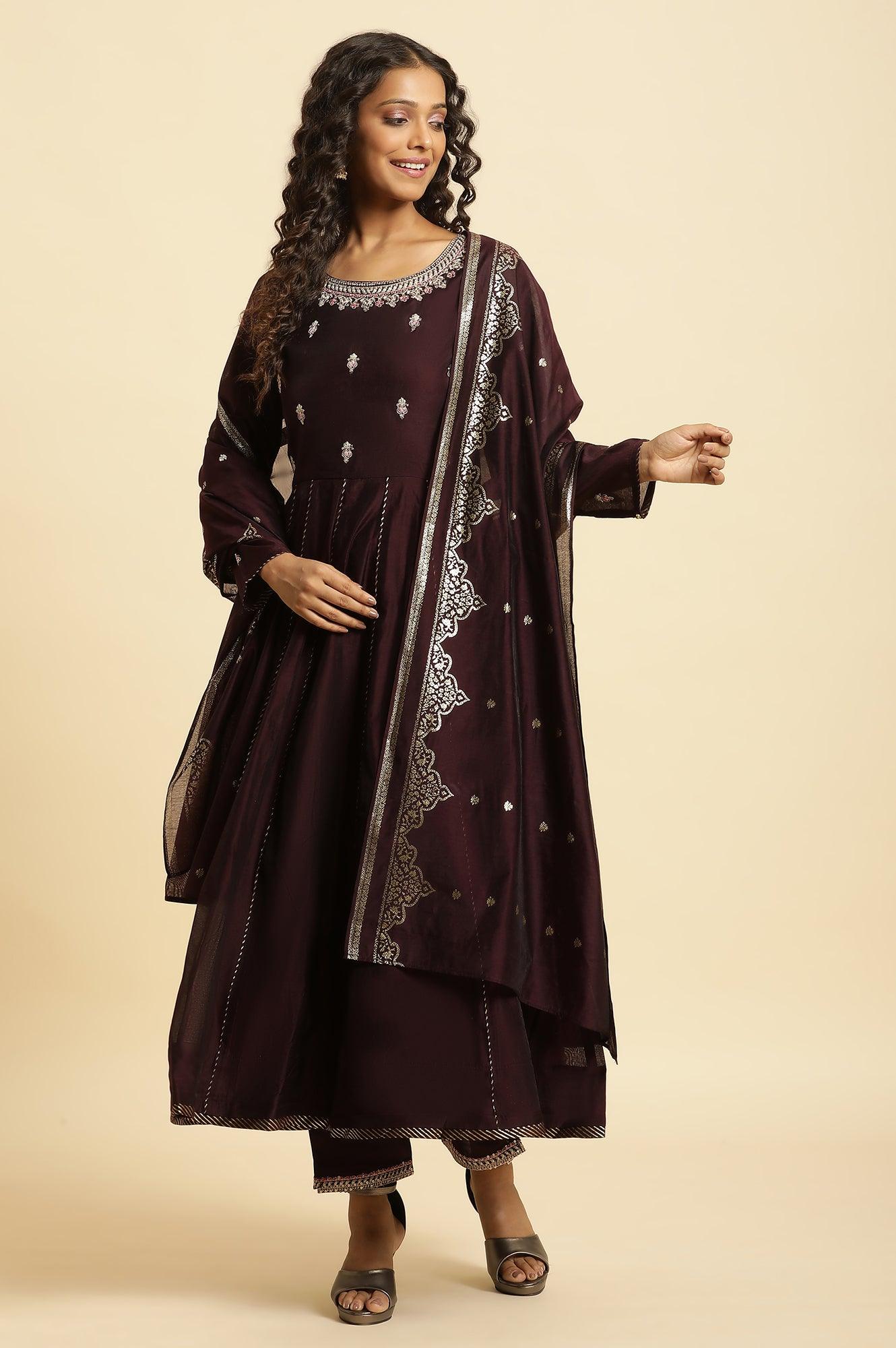 W for Woman Purple Flared Embroidered Kurta, Pants And Dupatta Set