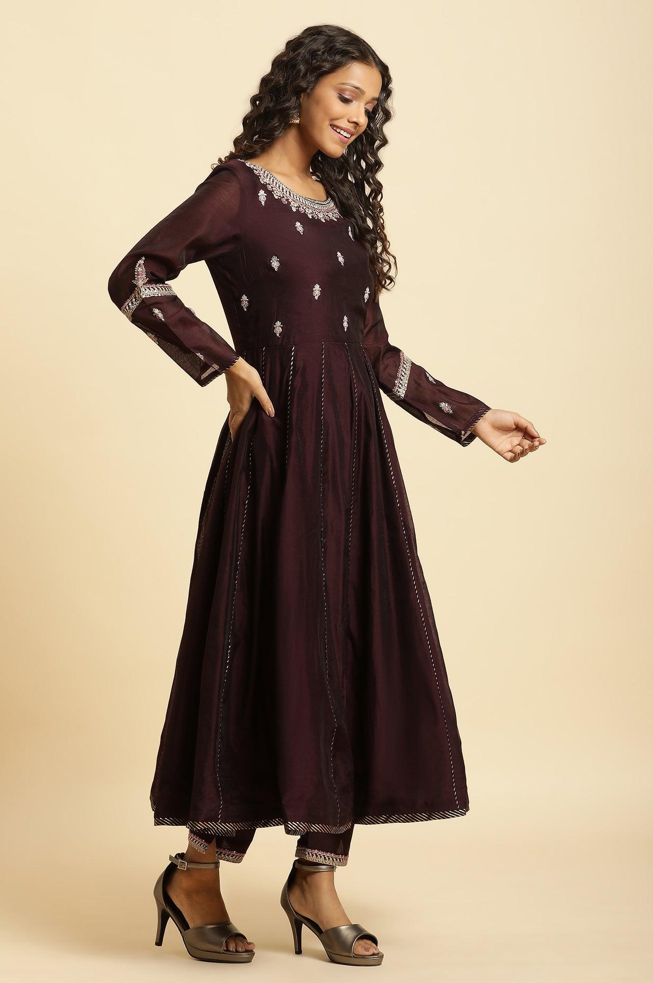 W for Woman Purple Flared Embroidered Kurta, Pants And Dupatta Set