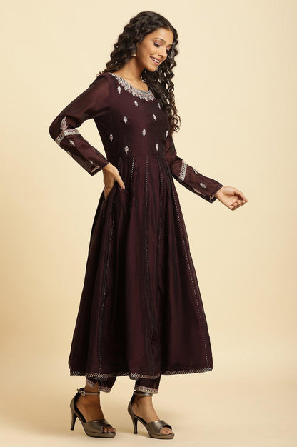 W for Woman Purple Flared Embroidered Kurta, Pants And Dupatta Set