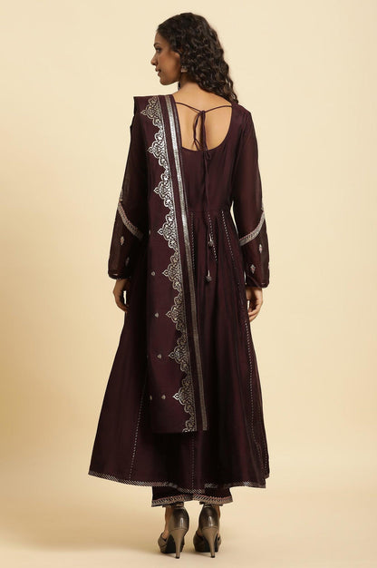 W for Woman Purple Flared Embroidered Kurta, Pants And Dupatta Set