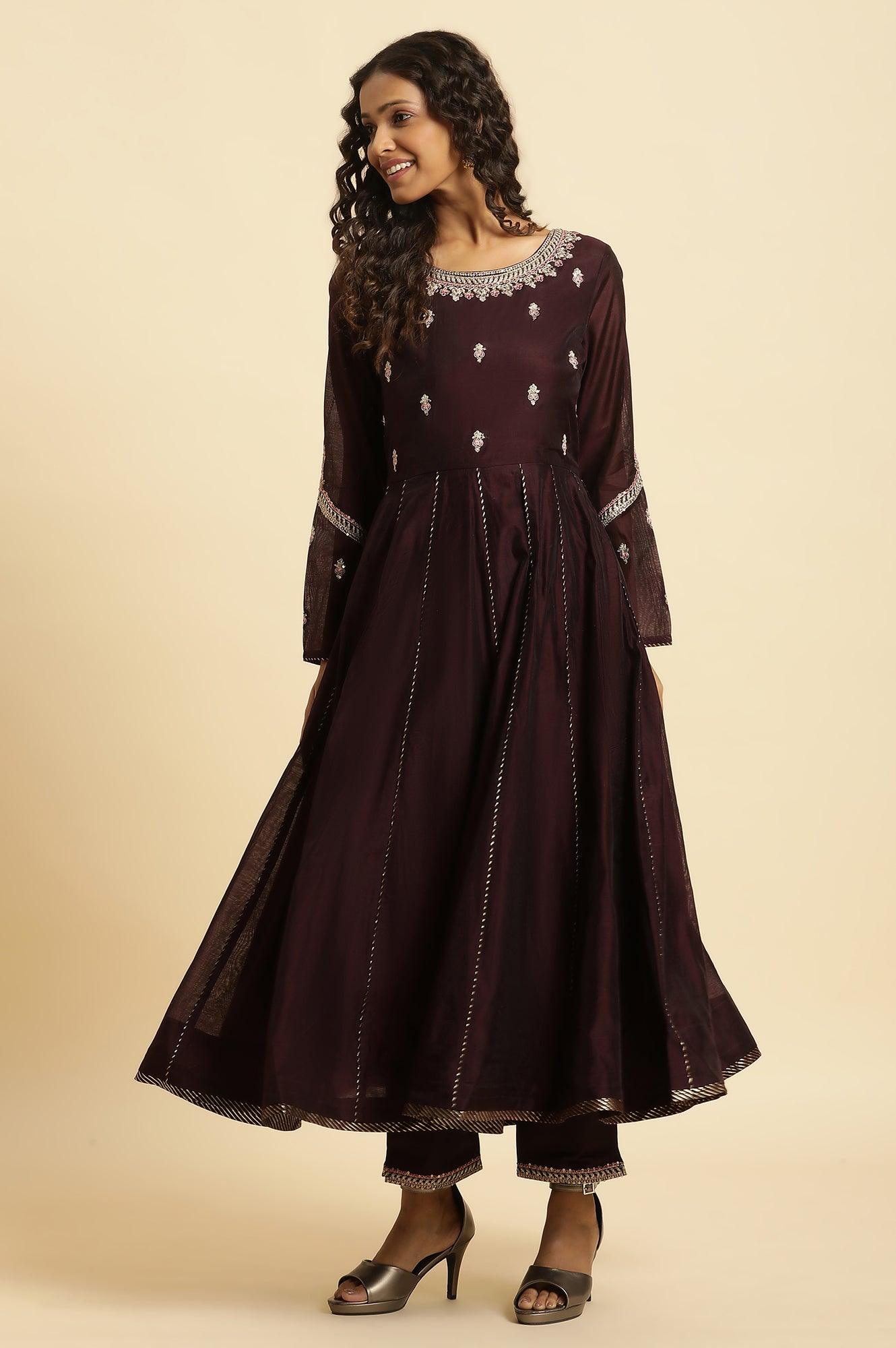 W for Woman Purple Flared Embroidered Kurta, Pants And Dupatta Set