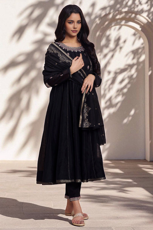 W for Woman Black Flared Metallic Embroidered Kurta, Pants And Dupatta Set