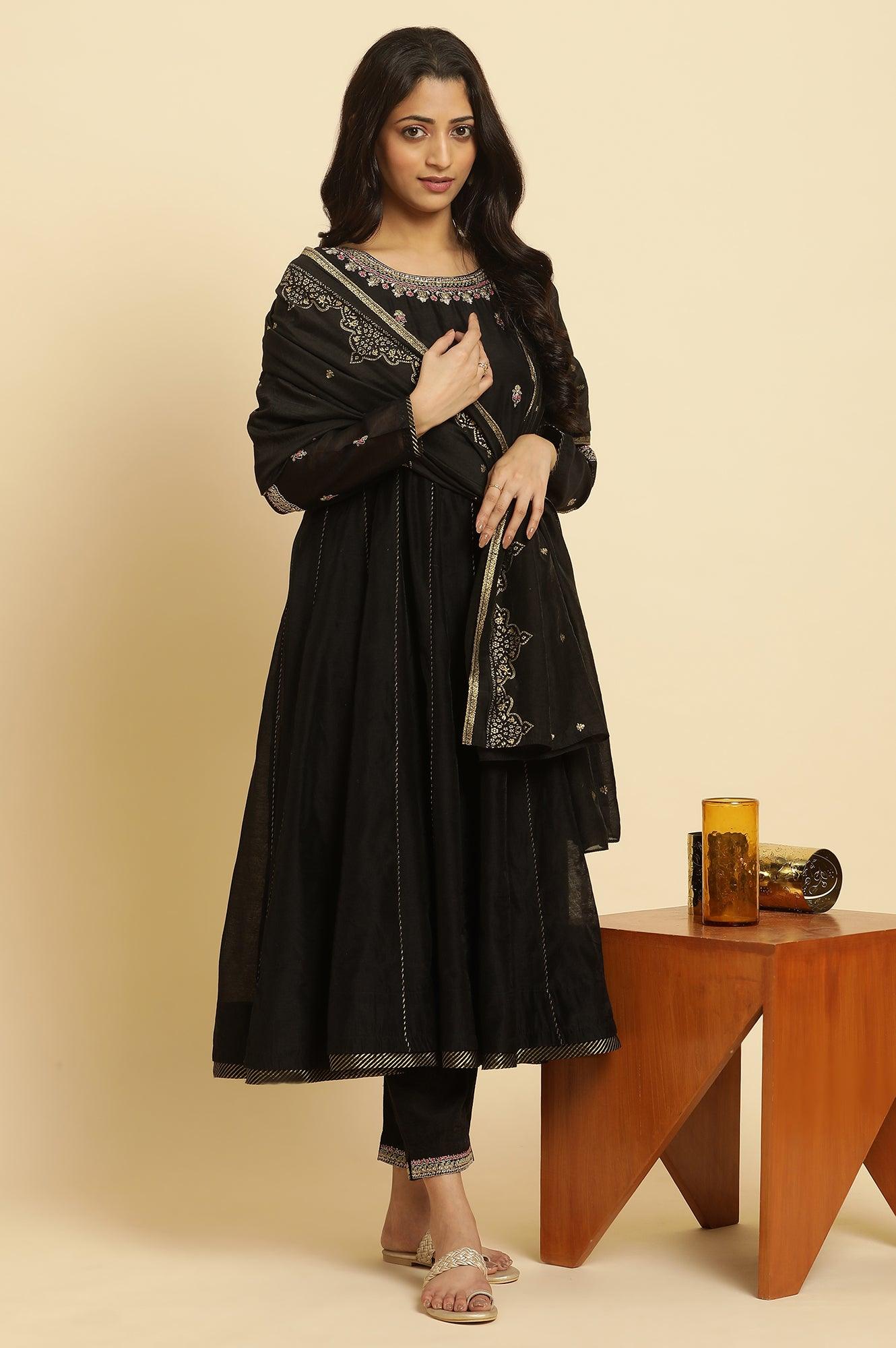 W for Woman Black Flared Metallic Embroidered Kurta, Pants And Dupatta Set