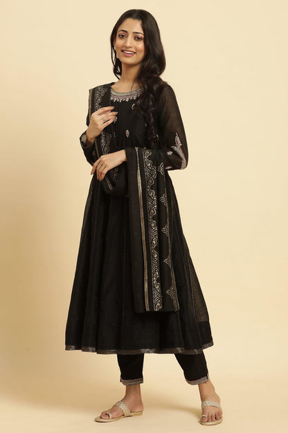 W for Woman Black Flared Metallic Embroidered Kurta, Pants And Dupatta Set