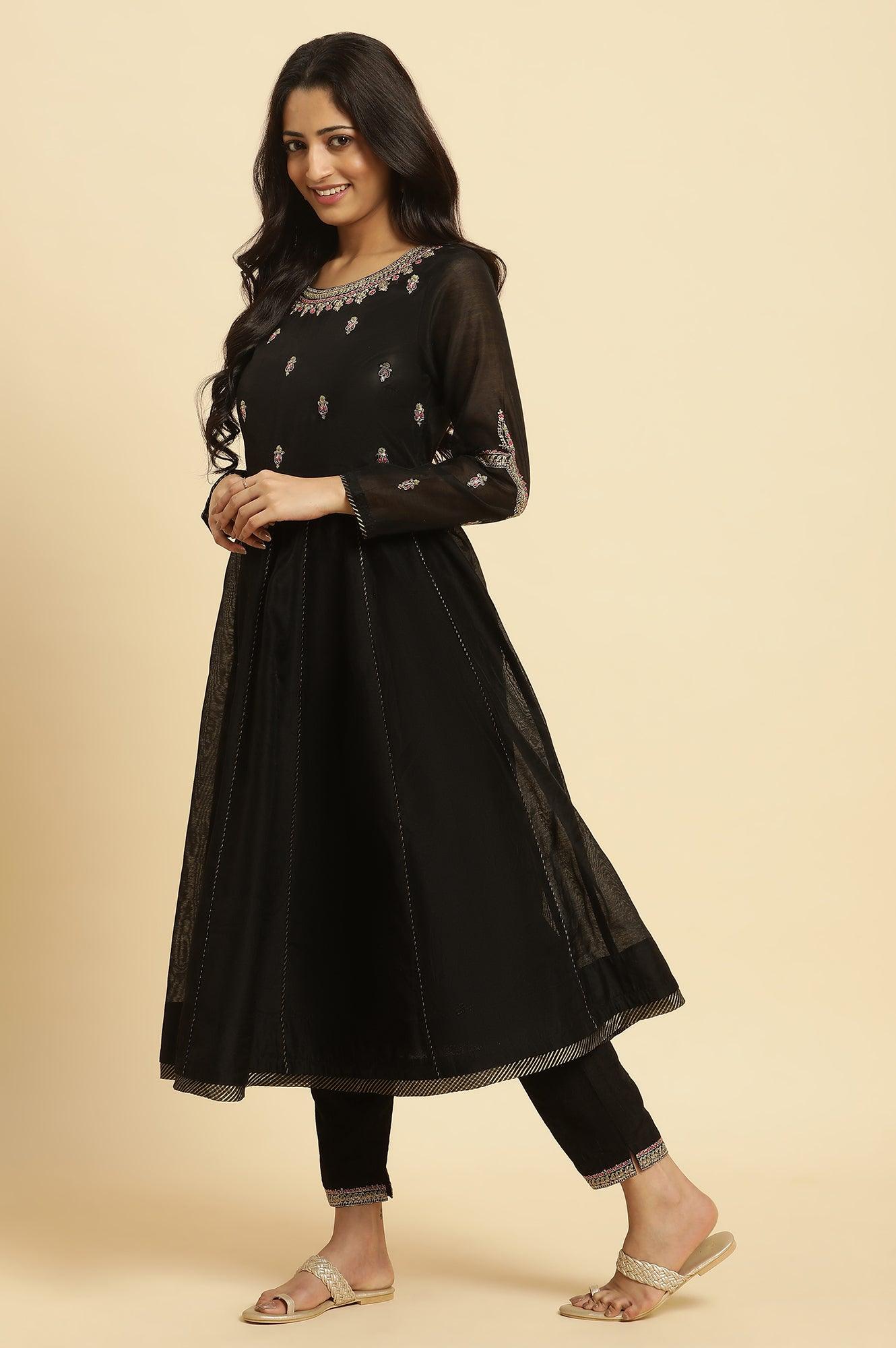 W for Woman Black Flared Metallic Embroidered Kurta, Pants And Dupatta Set