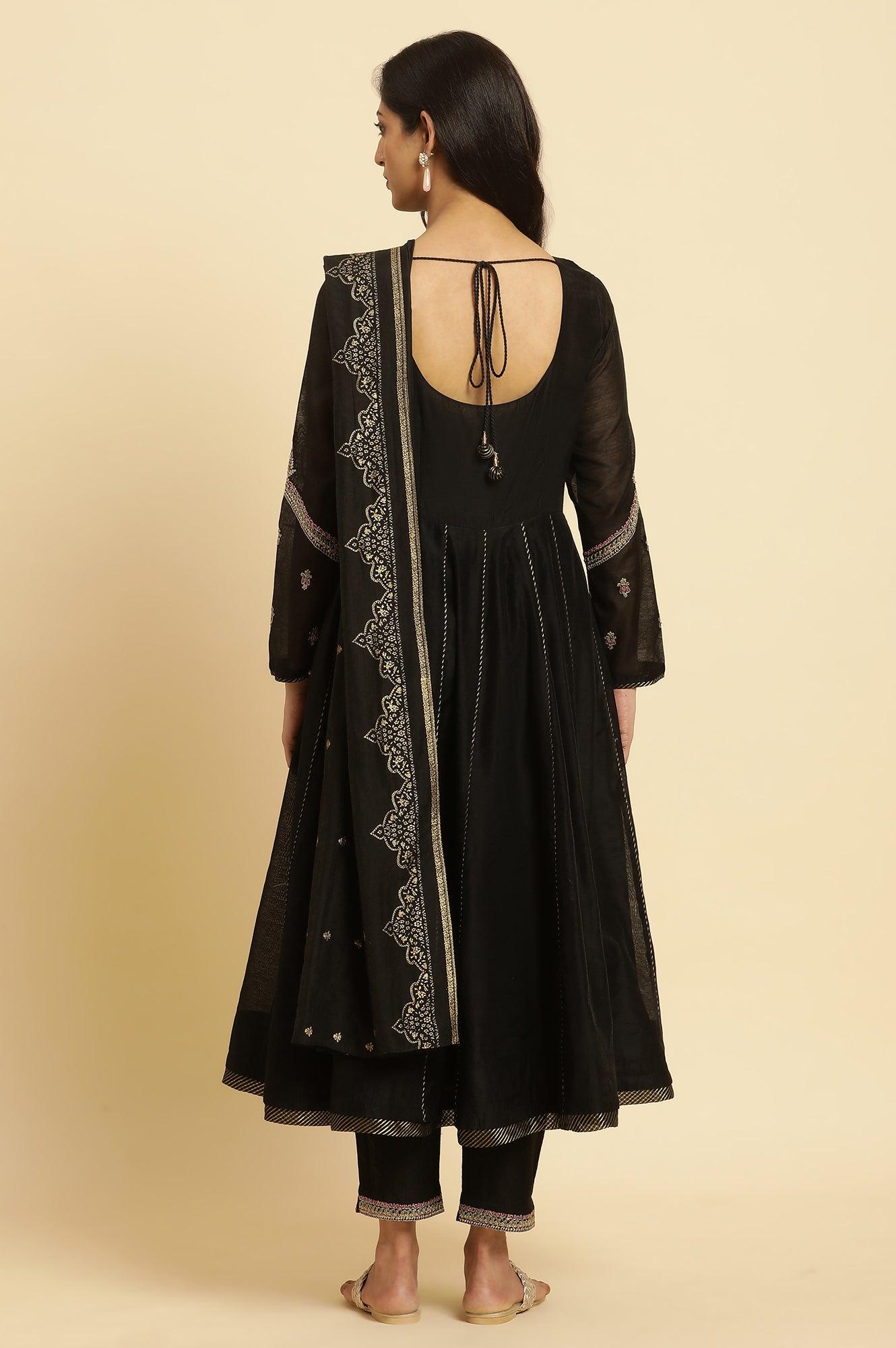 W for Woman Black Flared Metallic Embroidered Kurta, Pants And Dupatta Set
