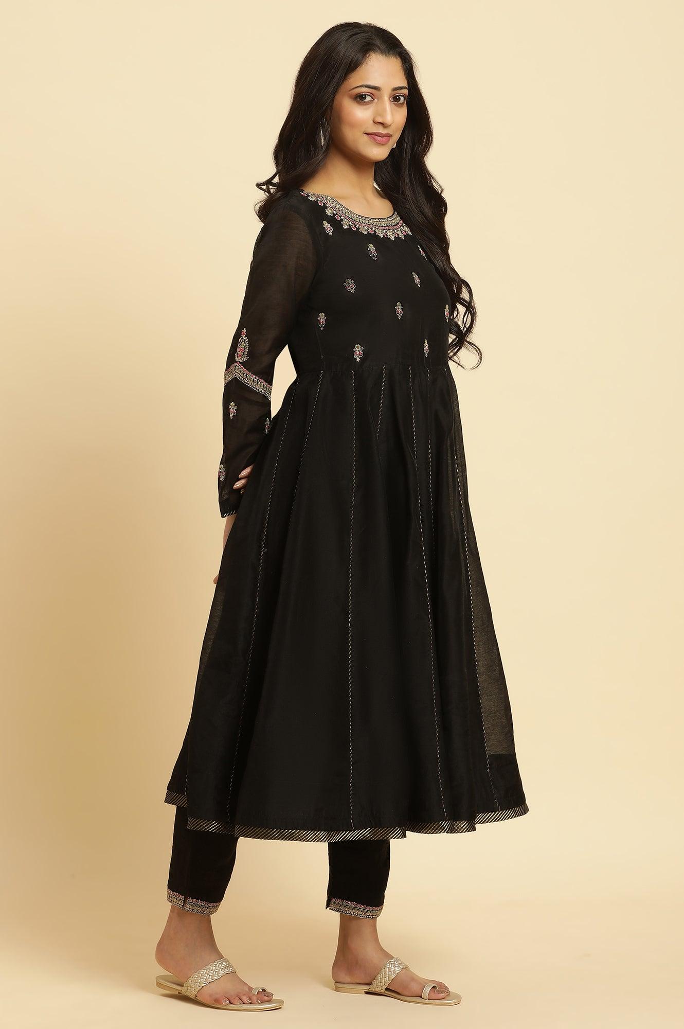 W for Woman Black Flared Metallic Embroidered Kurta, Pants And Dupatta Set