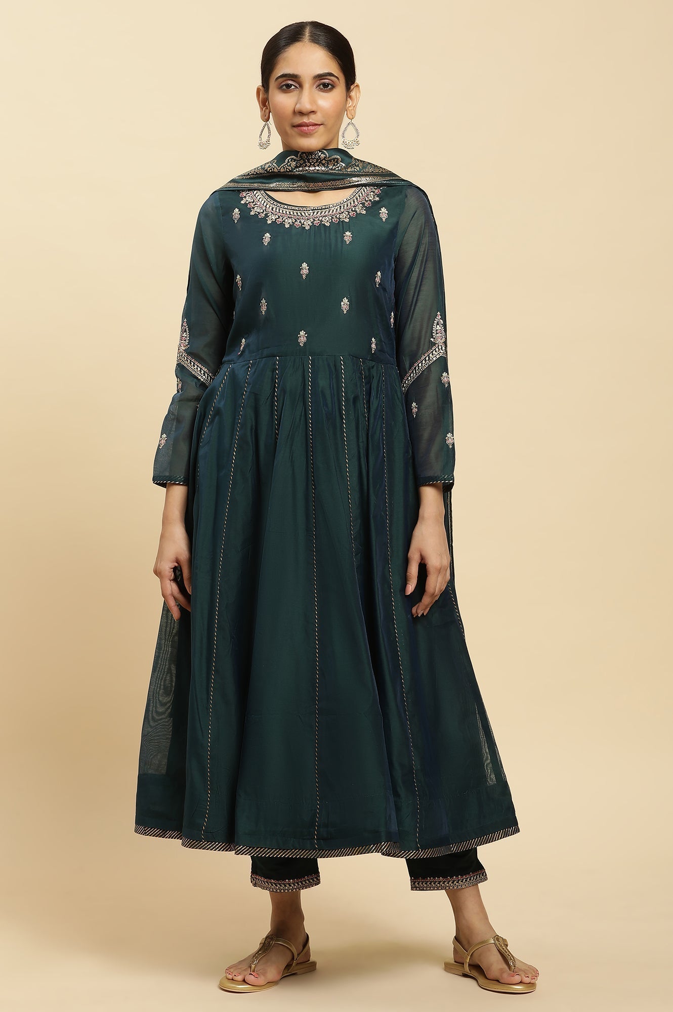 W for Woman Green Flared Embroidered Kurta, Pants And Dupatta Set