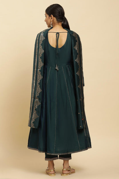 W for Woman Green Flared Embroidered Kurta, Pants And Dupatta Set
