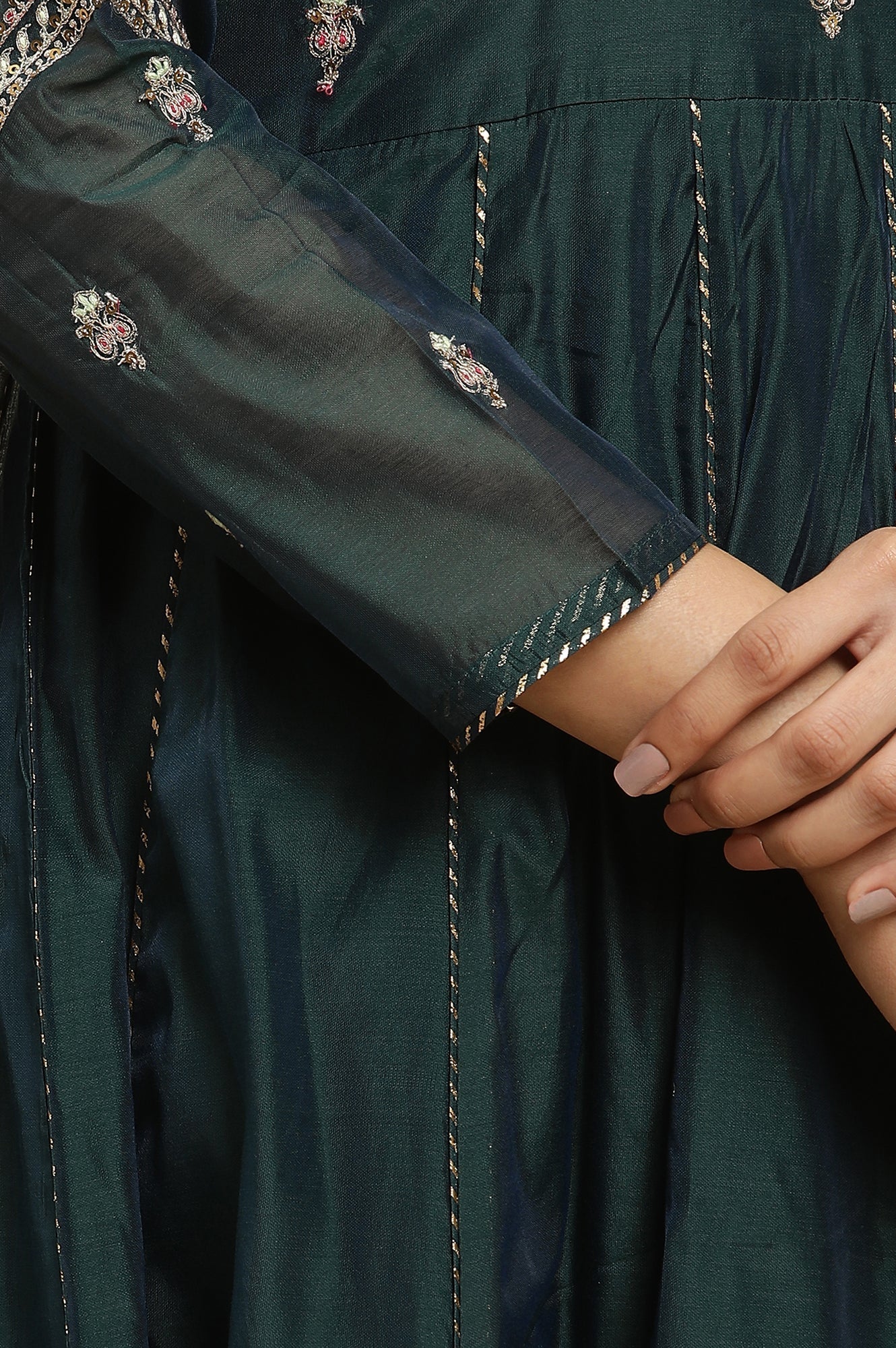 W for Woman Green Flared Embroidered Kurta, Pants And Dupatta Set
