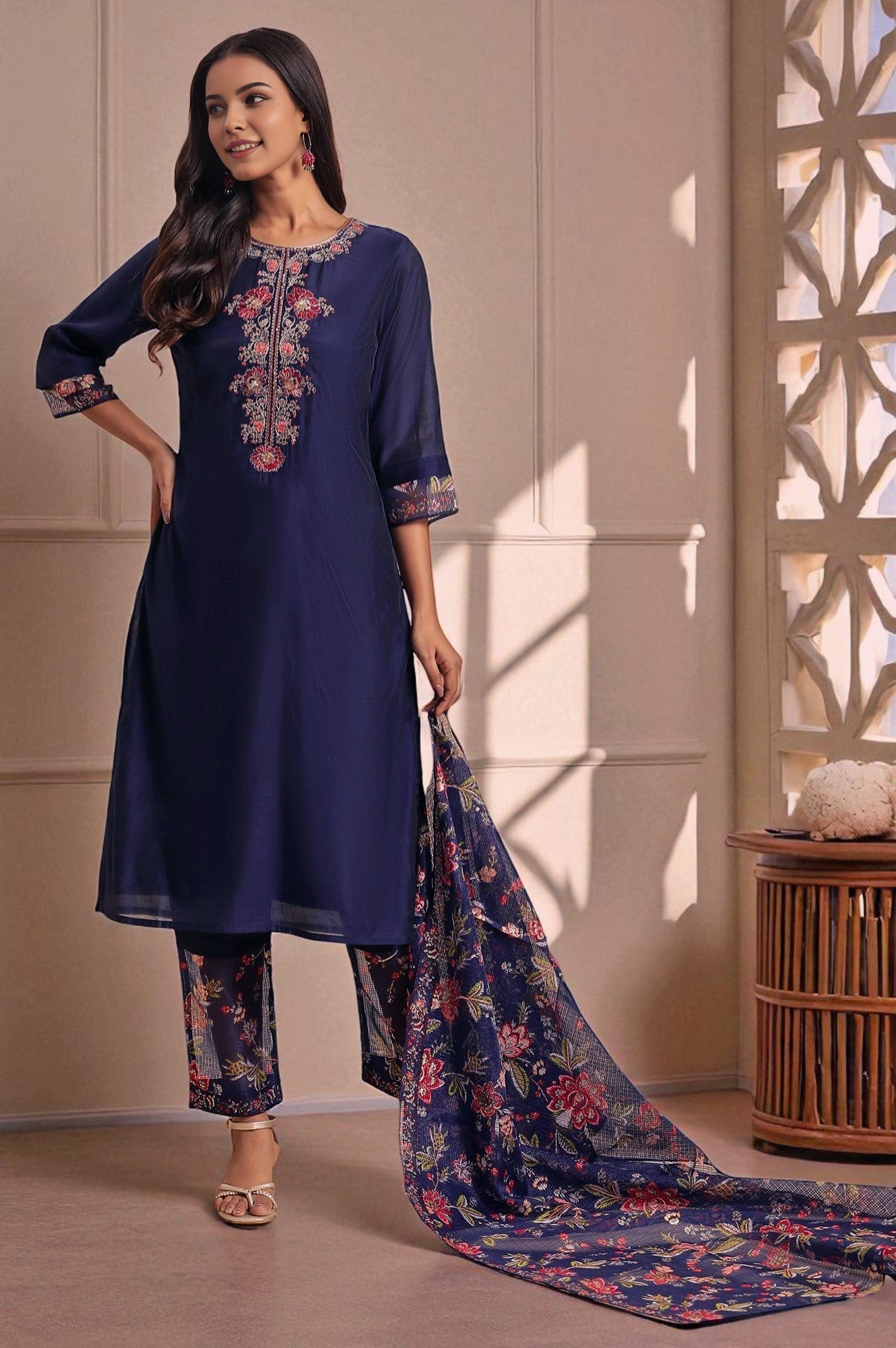 W for Woman Royal Blue Embroidered Kurta, Pants And Dupatta Set