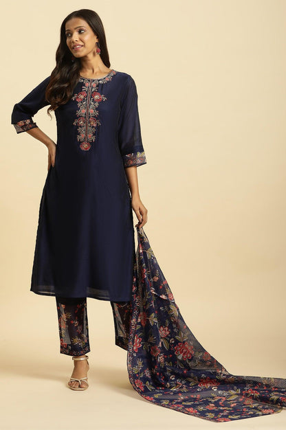 W for Woman Royal Blue Embroidered Kurta, Pants And Dupatta Set