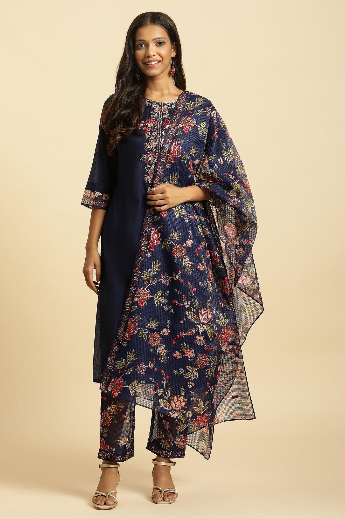 W for Woman Royal Blue Embroidered Kurta, Pants And Dupatta Set