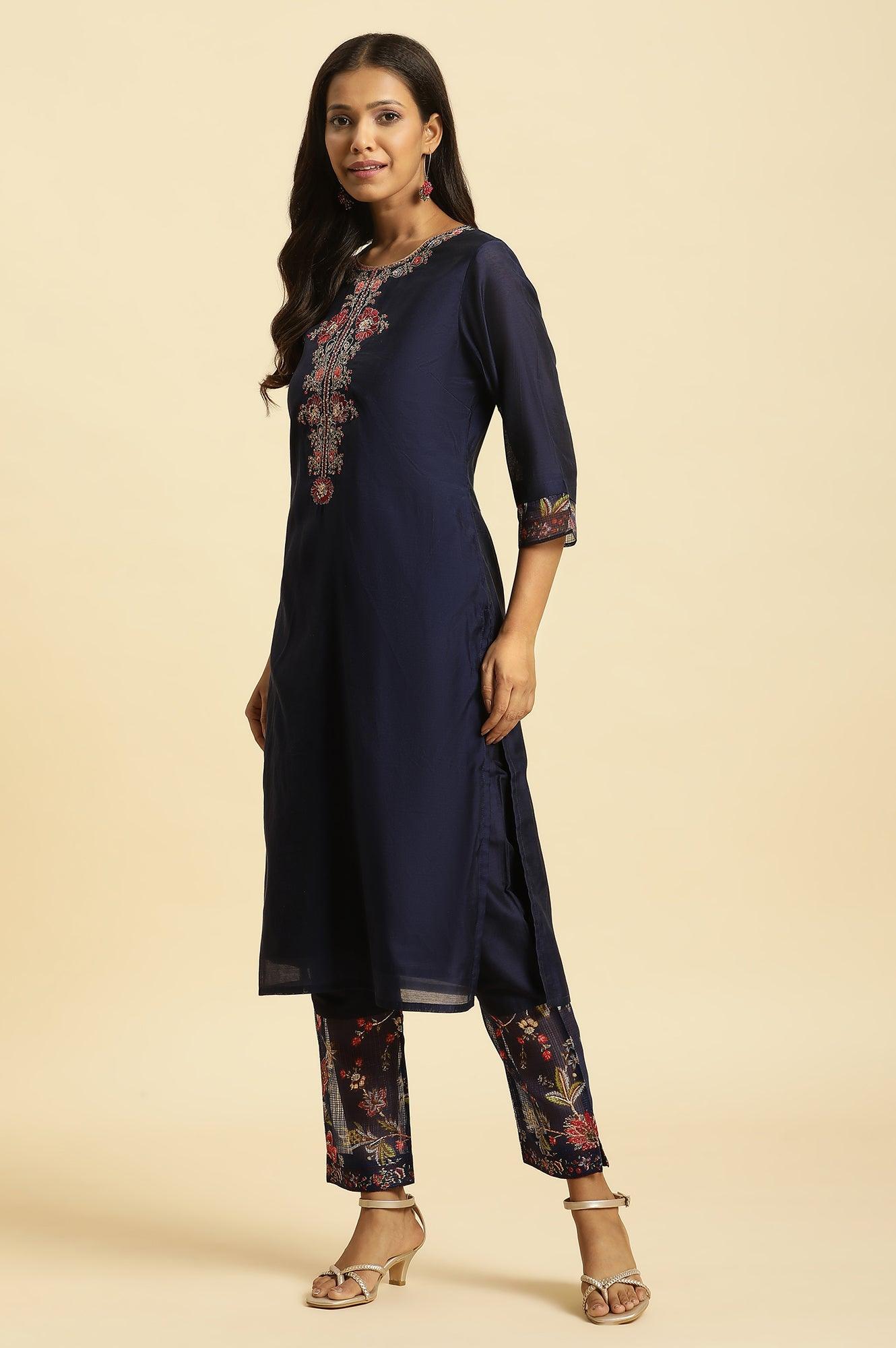 W for Woman Royal Blue Embroidered Kurta, Pants And Dupatta Set