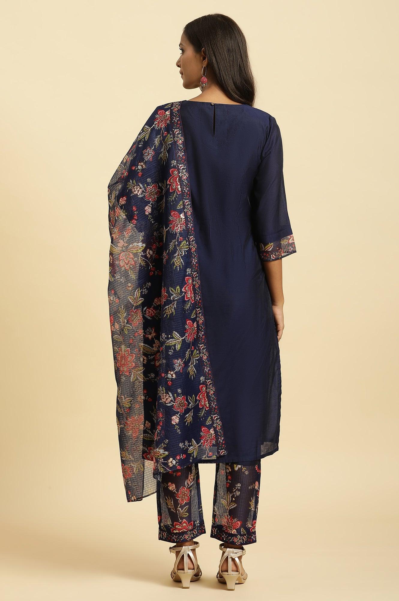 W for Woman Royal Blue Embroidered Kurta, Pants And Dupatta Set