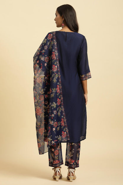 W for Woman Royal Blue Embroidered Kurta, Pants And Dupatta Set