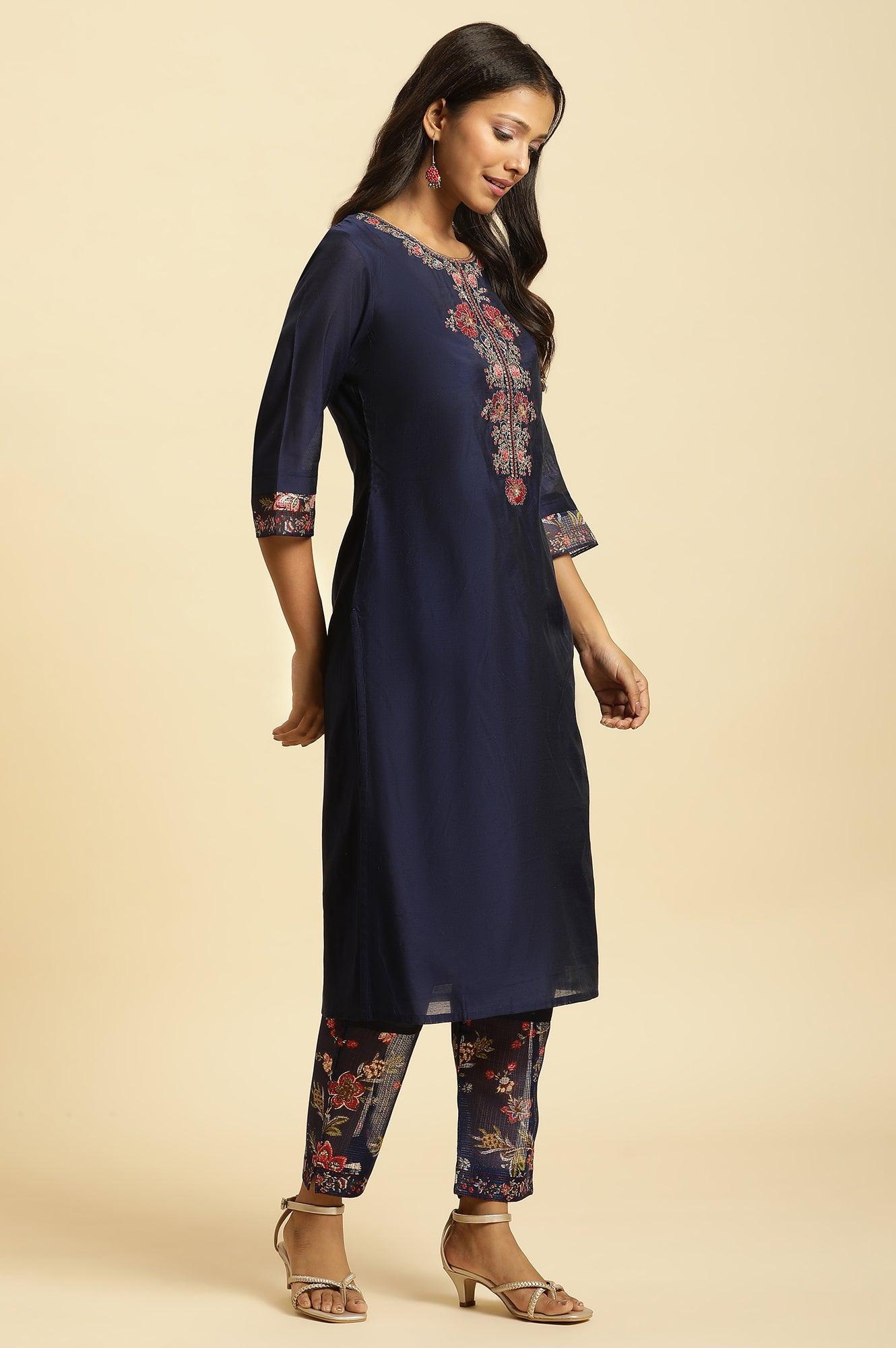 W for Woman Royal Blue Embroidered Kurta, Pants And Dupatta Set