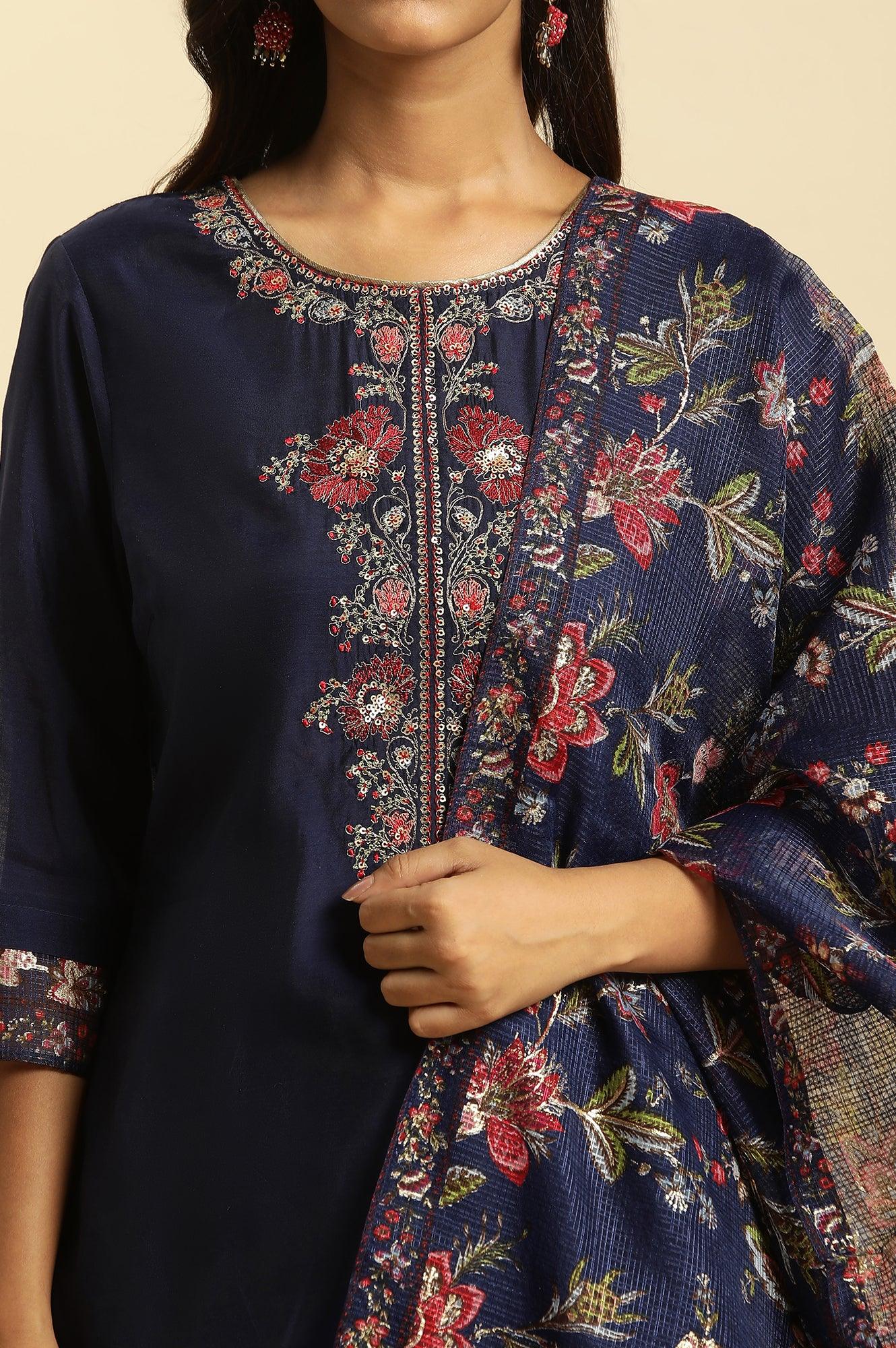 W for Woman Royal Blue Embroidered Kurta, Pants And Dupatta Set