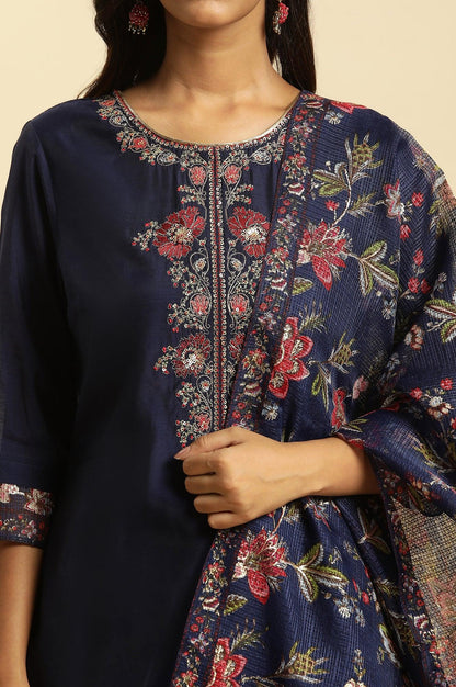 W for Woman Royal Blue Embroidered Kurta, Pants And Dupatta Set