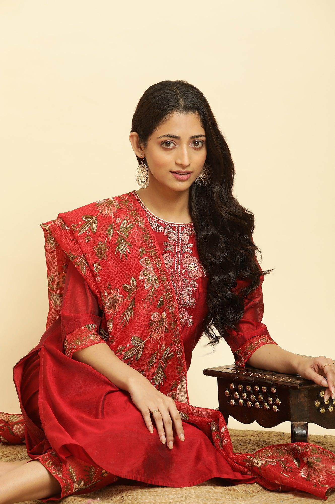 W for Woman Red Chanderi Kurta, Pants And Dupatta Festive Set