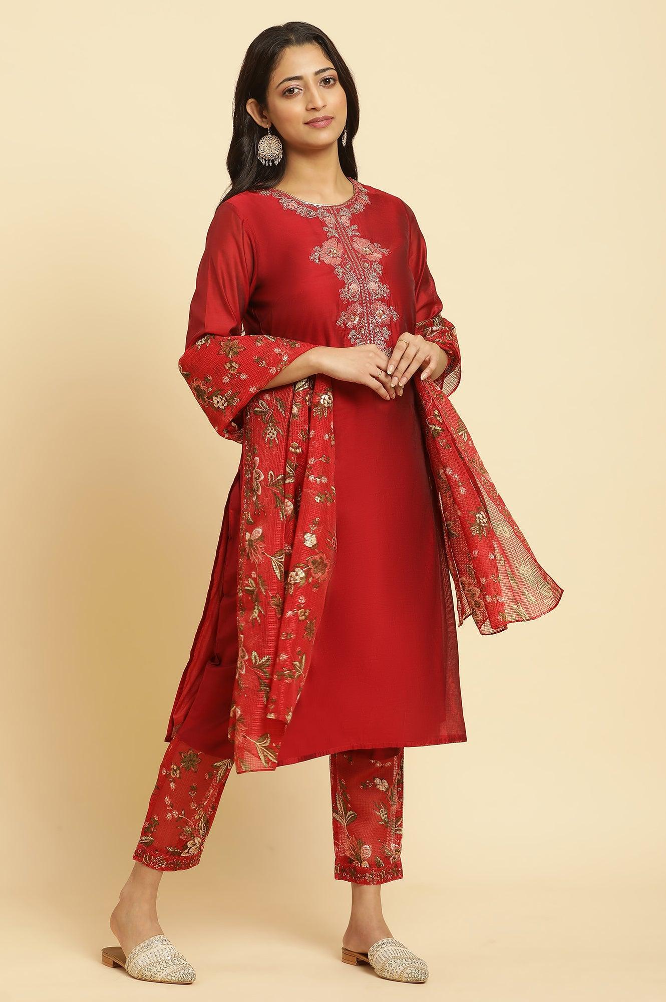 W for Woman Red Chanderi Kurta, Pants And Dupatta Festive Set