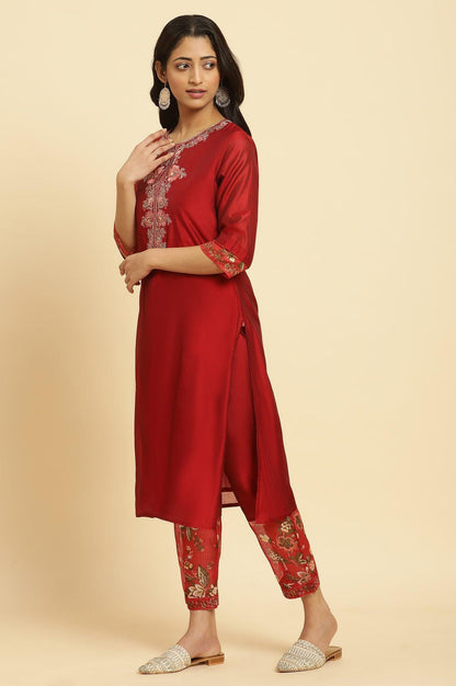 W for Woman Red Chanderi Kurta, Pants And Dupatta Festive Set