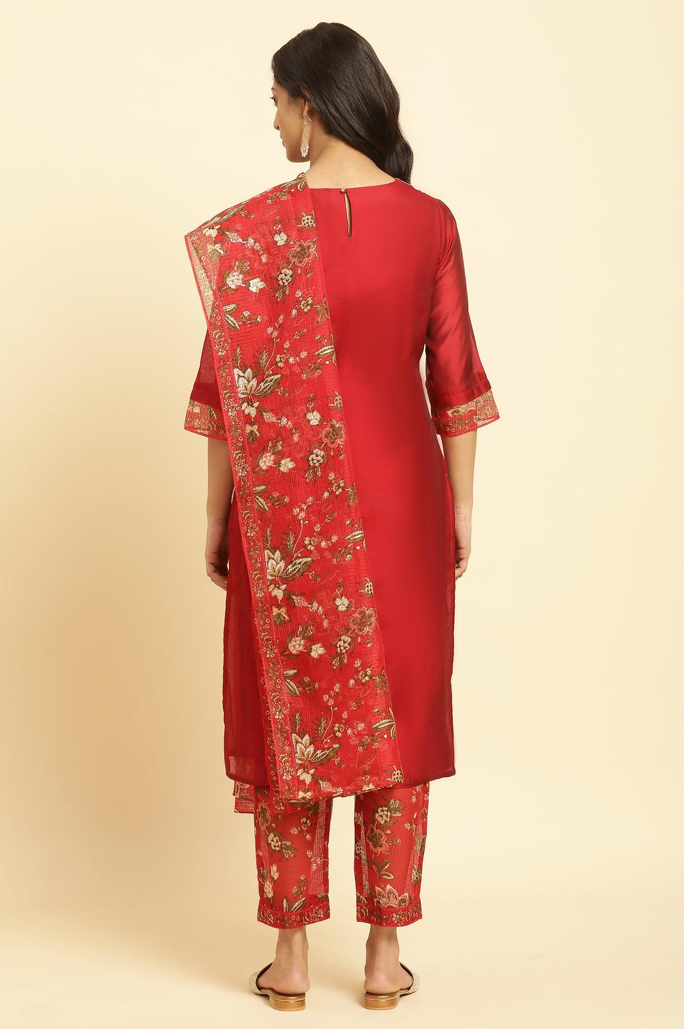 W for Woman Red Chanderi Kurta, Pants And Dupatta Festive Set