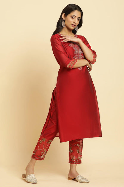W for Woman Red Chanderi Kurta, Pants And Dupatta Festive Set
