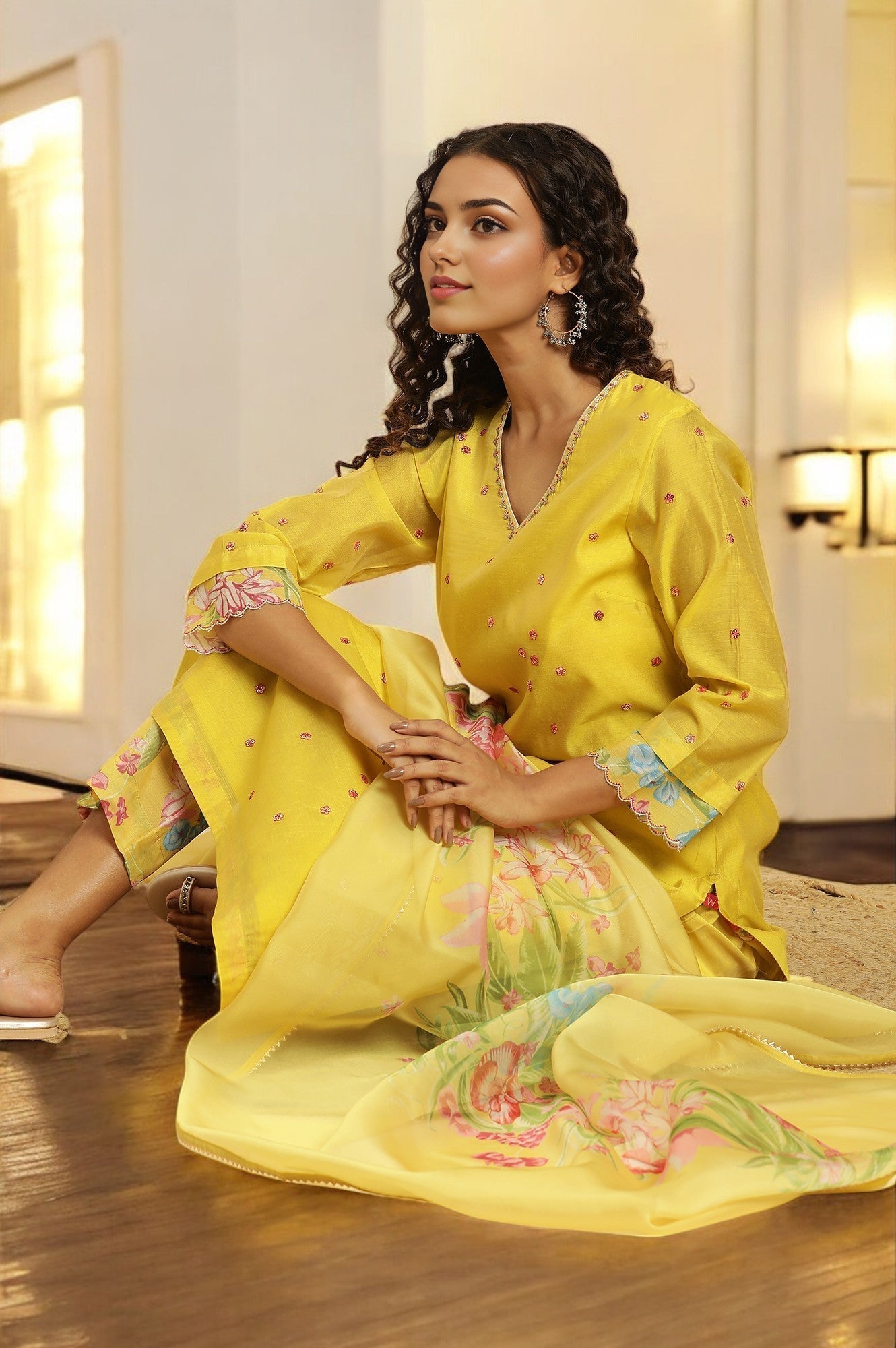 W for Woman Yellow Metallic Embroidered Kurta, Pants And Organza Dupatta