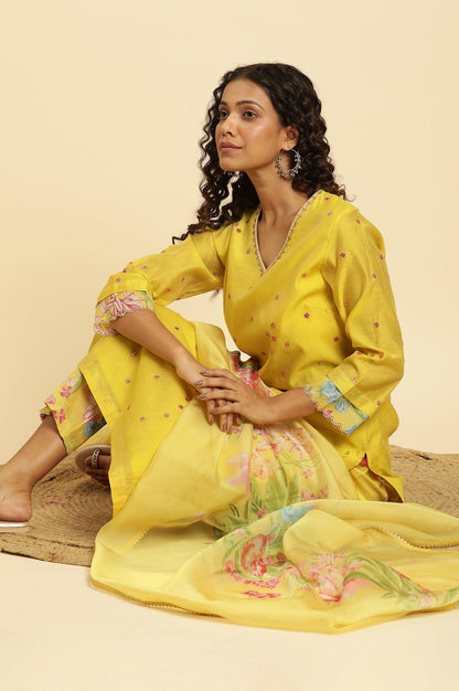 W for Woman Yellow Metallic Embroidered Kurta, Pants And Organza Dupatta
